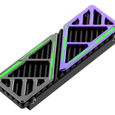 Dispositivo eletrónico retangular com painéis metálicos cinza e roxo com detalhes verdes