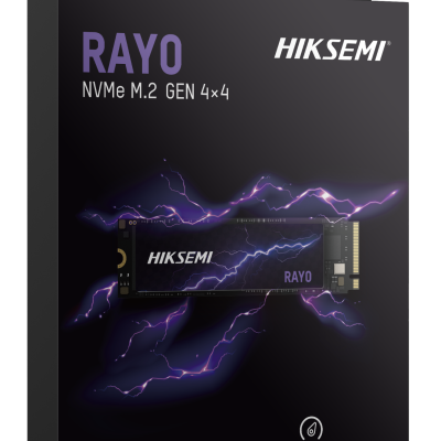 Embalagem de disco NVMe M.2 GEN 4x4 HIKSEMI RAYO preto e roxo com texto de 7450 MB/s.