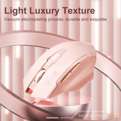 Rato de computador rosa claro com acabamento metálico e botões dourados