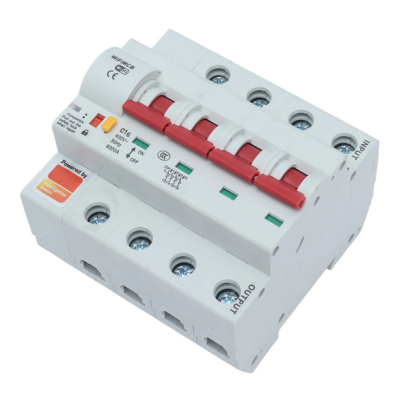 Disjuntor triplo branco com alavancas vermelhas e texto Schneider Electric