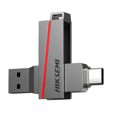 Pen USB metálico cinzento com faixa vermelha e texto HIKSEMI