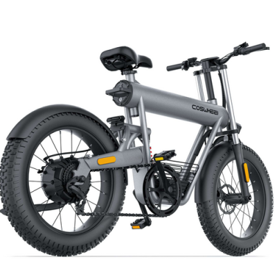 Bicicleta elétrica dobrável COSWHEEL cinza com pneus largos pretos