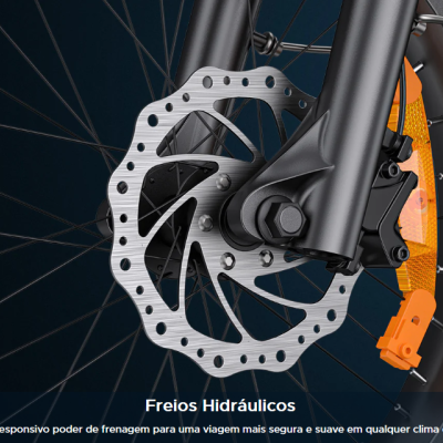 Disco de travão hidráulico e roda de bicicleta com refletor laranja