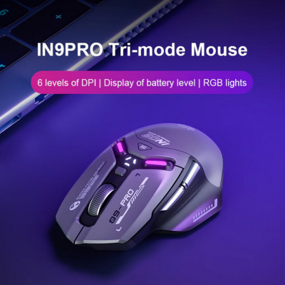 Rato IN9PRO Tri-mode Mouse cinza com luzes RGB e roda de scroll