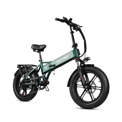 Bicicleta elétrica dobrável verde escuro com pneus largos pretos