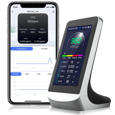 Medidor digital de qualidade do ar com ecrã e smartphone