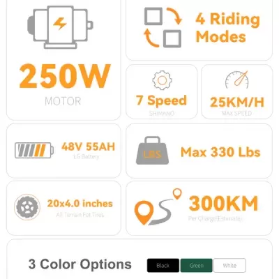 Infográfico com especificações técnicas e opções de cores de veículo elétrico