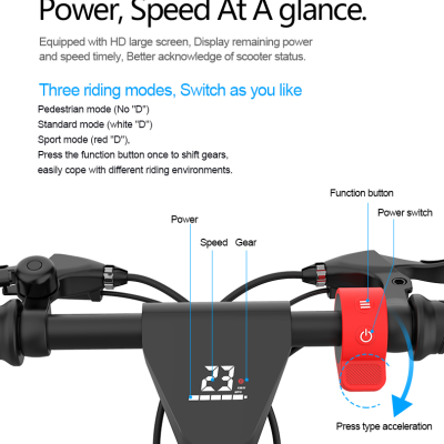 Painel de instrumentos HD LED de trotinetes mostrou potencia, velocidade, mudanças, botões vermelhos, texto explicativo