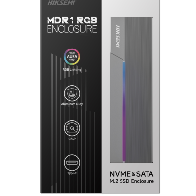 Embalagem do Hiksemi MDR1 RGB Enclosure para NVME e SATA M.2 SSD com iluminação RGB e conector Type-C.