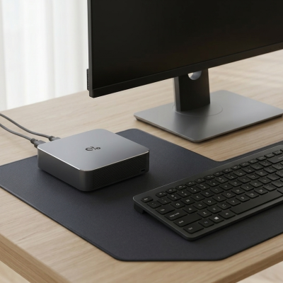 Computador de secretária com monitor, teclado, rato e minicomputador sobre mesa de madeira com planta ao fundo.