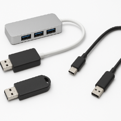 Hub USB cinza com três portas, pen drive preto e cabo adaptador USB-C para USB-A