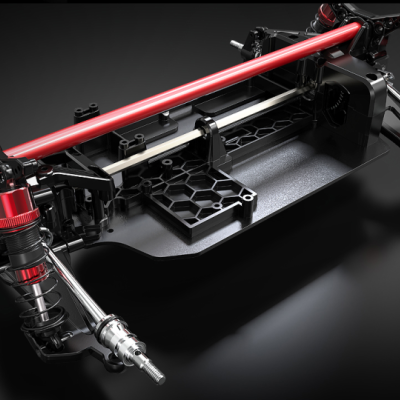 Estrutura de chassis e suspensão para veículo RC com amortecedores vermelhos e barras vermelhas.