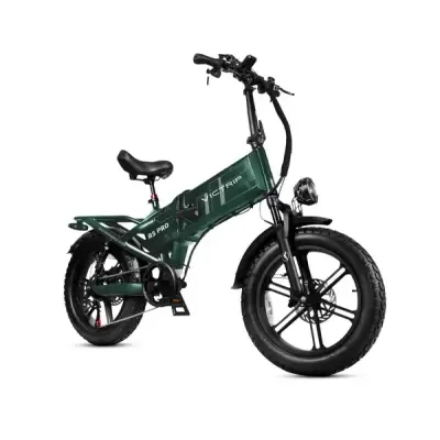 Bicicleta elétrica verde escura com pneus grossos e assento preto