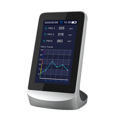 Monitor digital de qualidade do ar com ecrã a cores mostrando níveis de partículas e gráfico