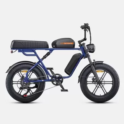 Bicicleta elétrica azul com banco preto e rodas largas pretas