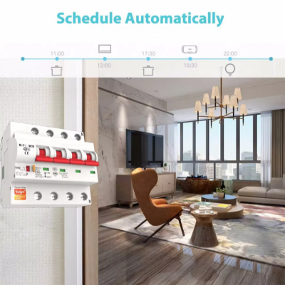 Disjuntor WiFi MCB com etiqueta 'Powered by tuya' em sala moderna com poltrona castanha