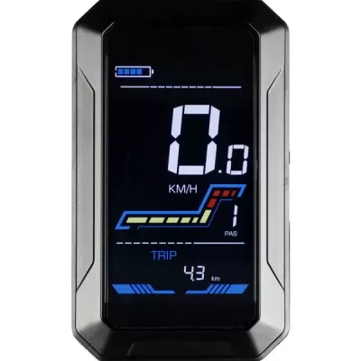 Ecrã digital preto com informações de velocidade, bateria, PAS, viagem e distância