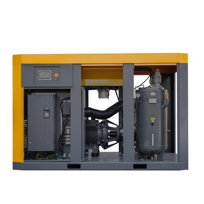 Compresso industrial amarelo e cinza com tanque e componentes expostos