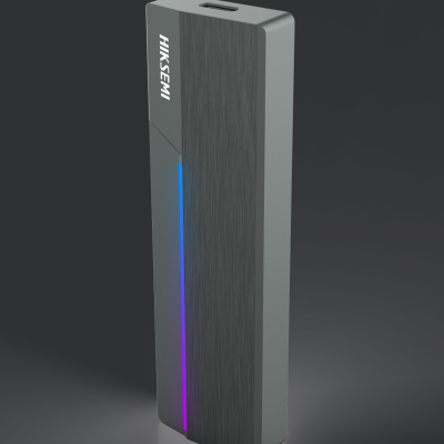 Produto eletrónico retangular cinza com luz azul e roxa e texto HIKSEMI