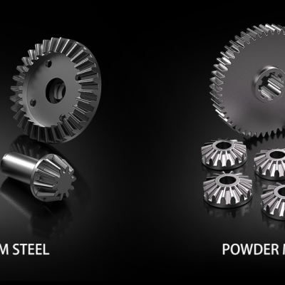 Engrenagens metálicas em aço cromo e metalurgia de pó sobre fundo preto com textos