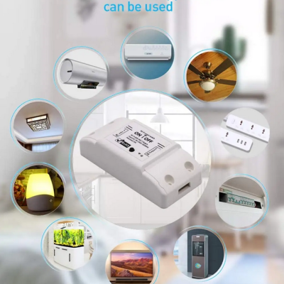 Dispositivo eletrónico branco para controlo de eletrodomésticos com várias imagens de eletrodomésticos em fundo desfocado e texto em inglês.