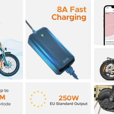 Bicicleta elétrica dobrável dourada e azul com várias funcionalidades destacadas