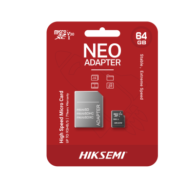 Cartão Micro SD 64GB com adaptador em embalagem vermelha da marca HIKSEMI