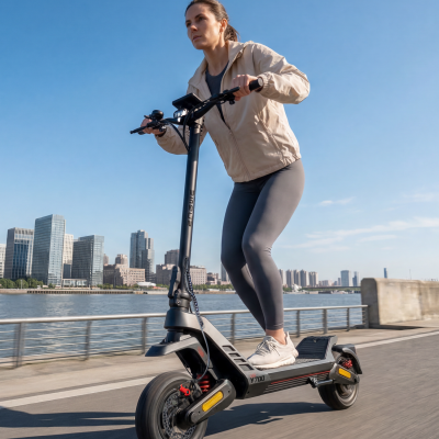 Mulher a andar de patinete elétrico preto e vermelho junto a um rio e cidade ao fundo.