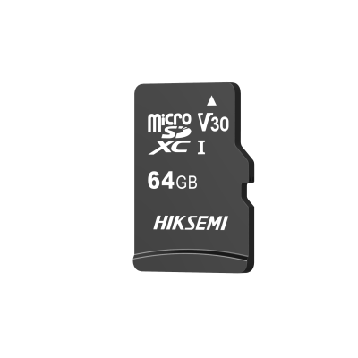 Cartão microSD preto de 64GB com texto técnico e marca HIKSEMI