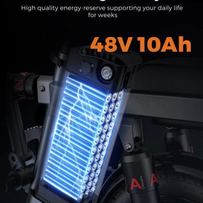 Bateria elétrica 48V 10Ah para bicicleta com efeito azul e texto explicativo