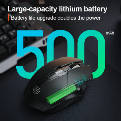 Rato de computador preto com bateria visível e texto sobre capacidade da bateria