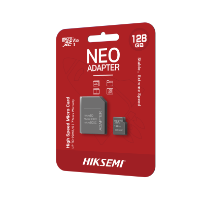 Cartão microSD de 128GB com adaptador em embalagem vermelha da HIKSEMI