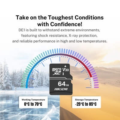 Cartão microSDXC HIKSEMI 64GB com fundo de neve e deserto e indicações de temperaturas.