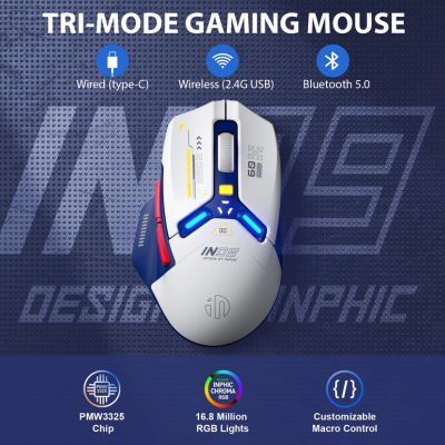 Rato gaming tri-modo branco, azul e iluminado com luzes RGB e detalhes coloridos.