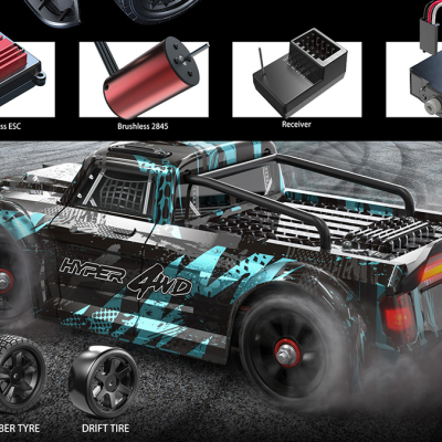 Carrinho RC Hyper 4WD azul e preto derrapando com componentes eletrónicos e pneus mostrados