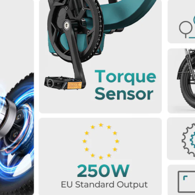 Detalhes técnicos de bicicleta elétrica com componentes e especificações