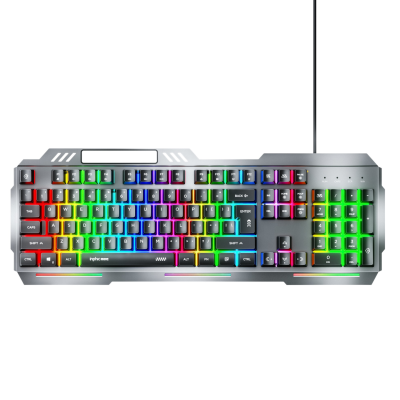 Teclado mecânico RGB com teclas coloridas e estrutura metálica cinzenta