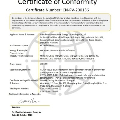 Certificado de Conformidade da intertek para conversores de energia fotovoltaica da Shenzhen Growatt