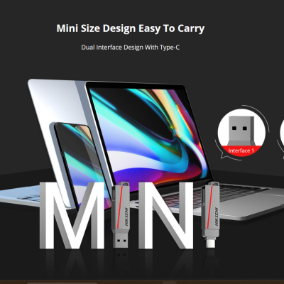 Computador portátil aberto com dois pen drives cinzentos HIKSEMI e interfaces USB e Type-C destacadas