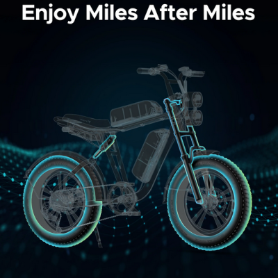 Imagem de bicicleta elétrica com pneus largos e suspensão hidráulica em fundo escuro