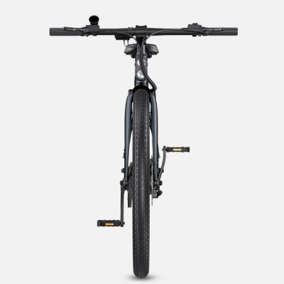 Bicicleta preta vista de frente com pneus e guiador