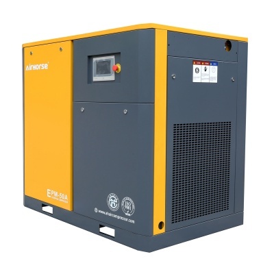 Compressores de ar industriais Airhorse EPM-50A amarelo e cinzento com painel de controlo e grelha de ventilação