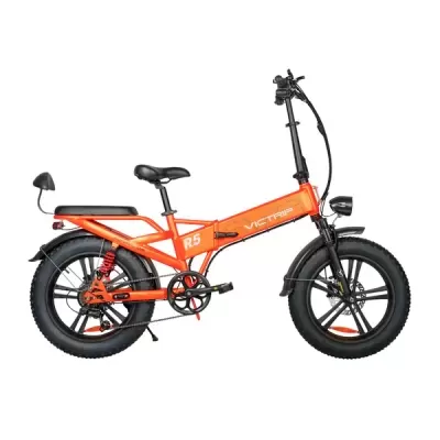 Bicicleta elétrica dobrável Victrip R5 laranja com pneus grossos e farol