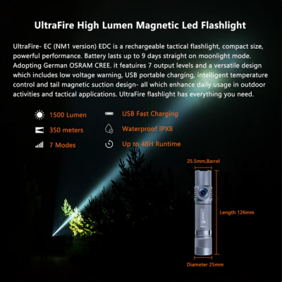 Lanterna tátil UltraFire EC com especificações técnicas e imagem noturna