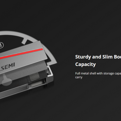 Pen USB de metal cinza com faixa vermelha e texto HIKSEMI