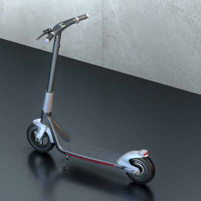 Trotinete elétrica cinzenta com detalhes em preto num chão preto com parede cinzenta ao fundo