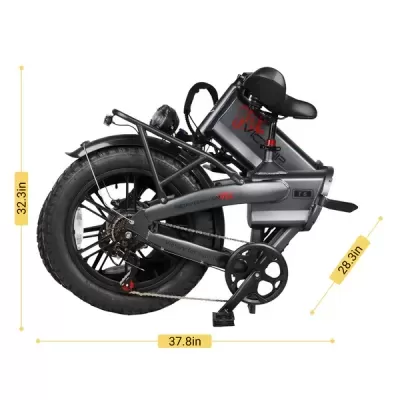 Bicicleta elétrica dobrável cinza com pneus grossos pretos