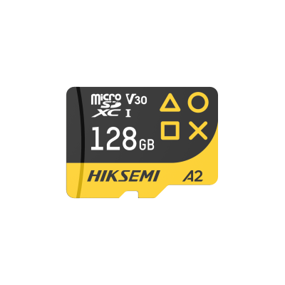 Cartão microSDXC 128GB preto e amarelo com símbolos geométricos e texto HIKSEMI