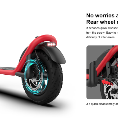 Scooter elétrico vermelho e preto com texto sobre substituição rápida da roda traseira