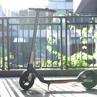 Trotinete elétrica preta num ambiente exterior com grades e plantas